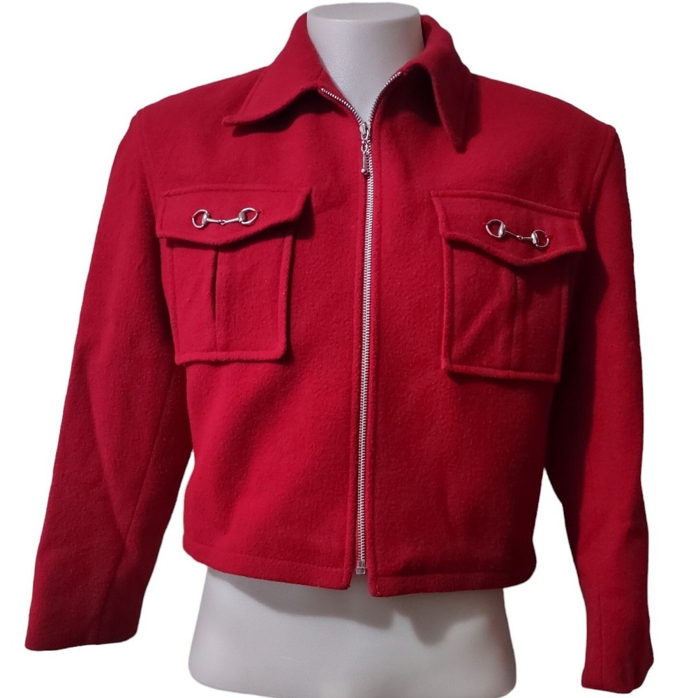 Moda Anna Coat Women's L Wool Blend Collar Made In USA Pockets Full Zip Red